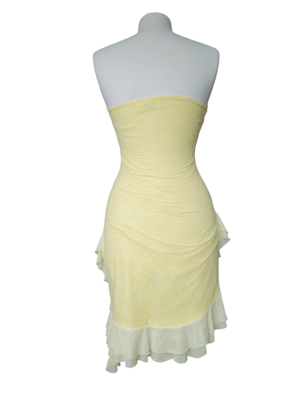 Tiger Mist Strapless Lace Dress Asymmetrical Ruffle Hem Pale Yellow - Picture 5 of 16